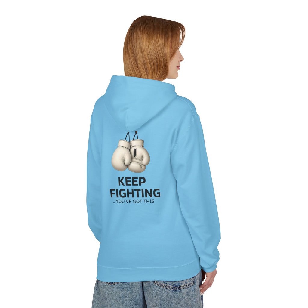 Blue hoodie with back boxing-glove graphic and “KEEP FIGHTING” text