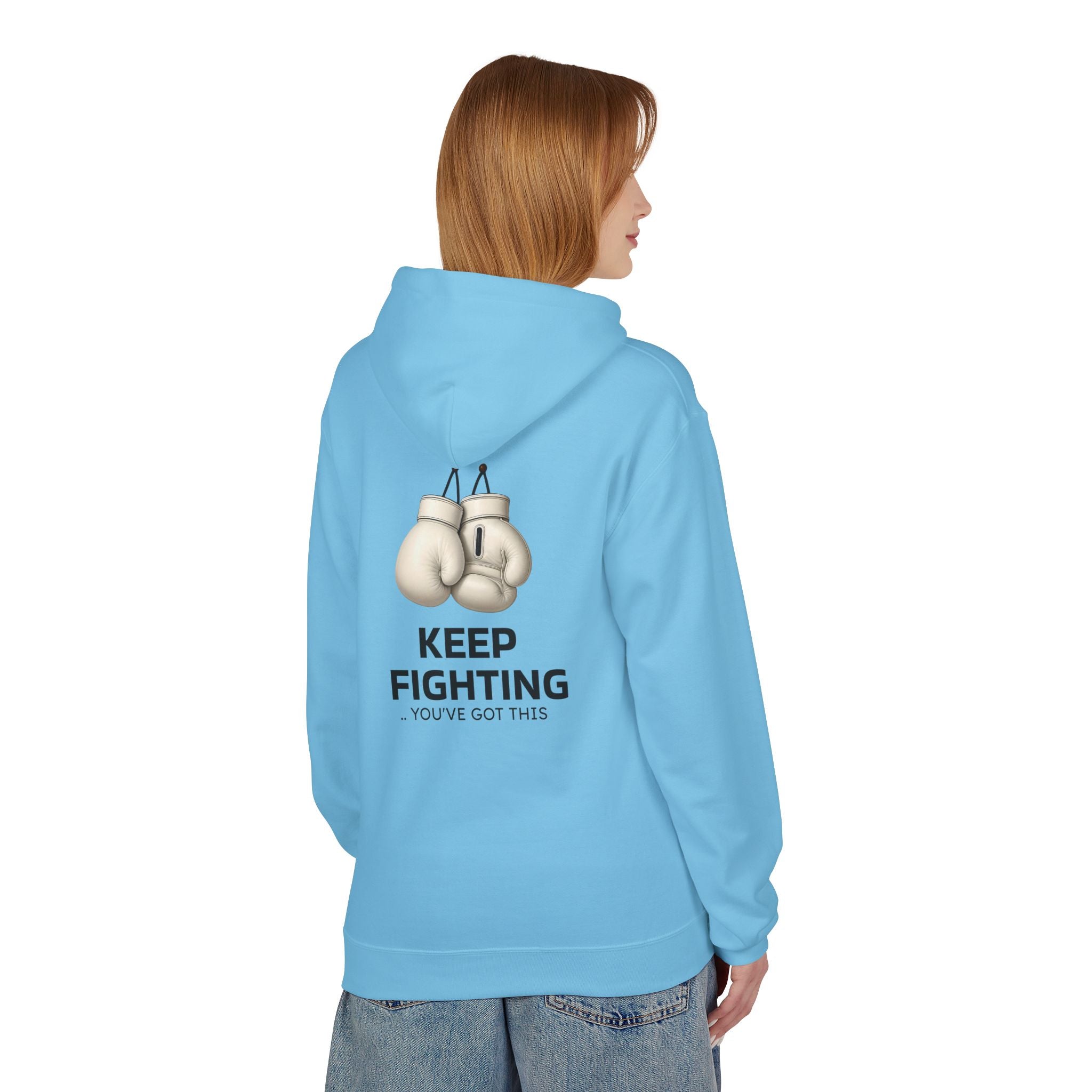 Blue hoodie with back boxing-glove graphic and “KEEP FIGHTING” text