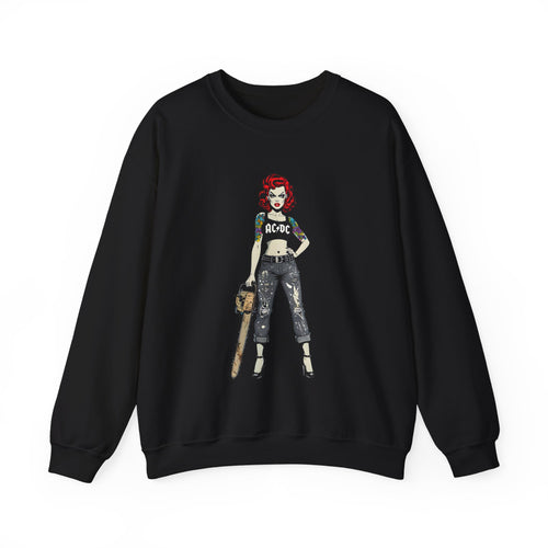 Black crewneck sweatshirt with long sleeves and front graphic of rock band character