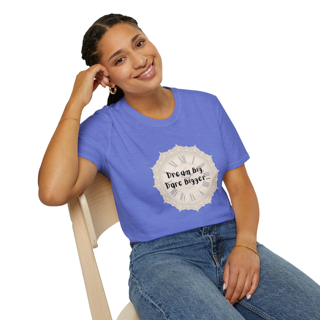 Blue crew-neck T-shirt on model with center clock graphic and motivational text