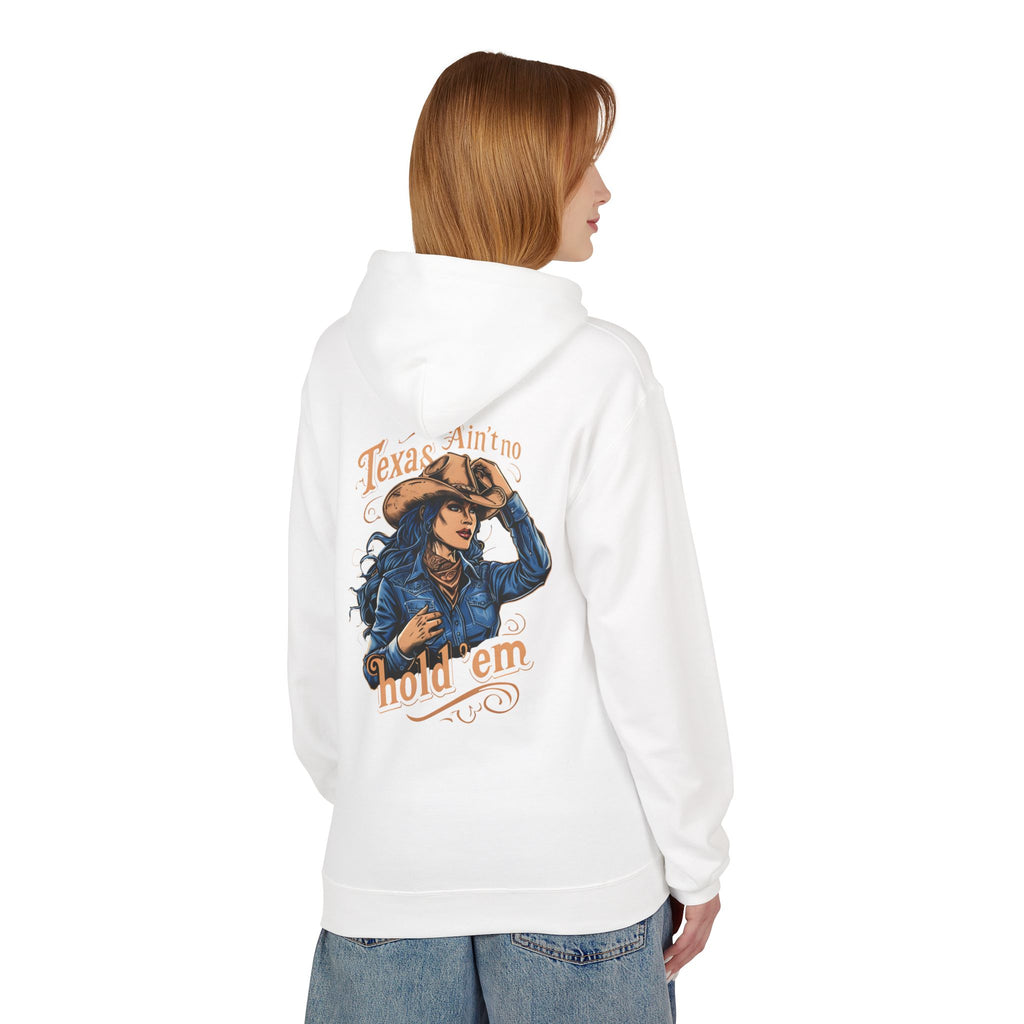 White cowgirl hoodie pullover, back graphic print with hat-wearing woman and 'hold 'em' text