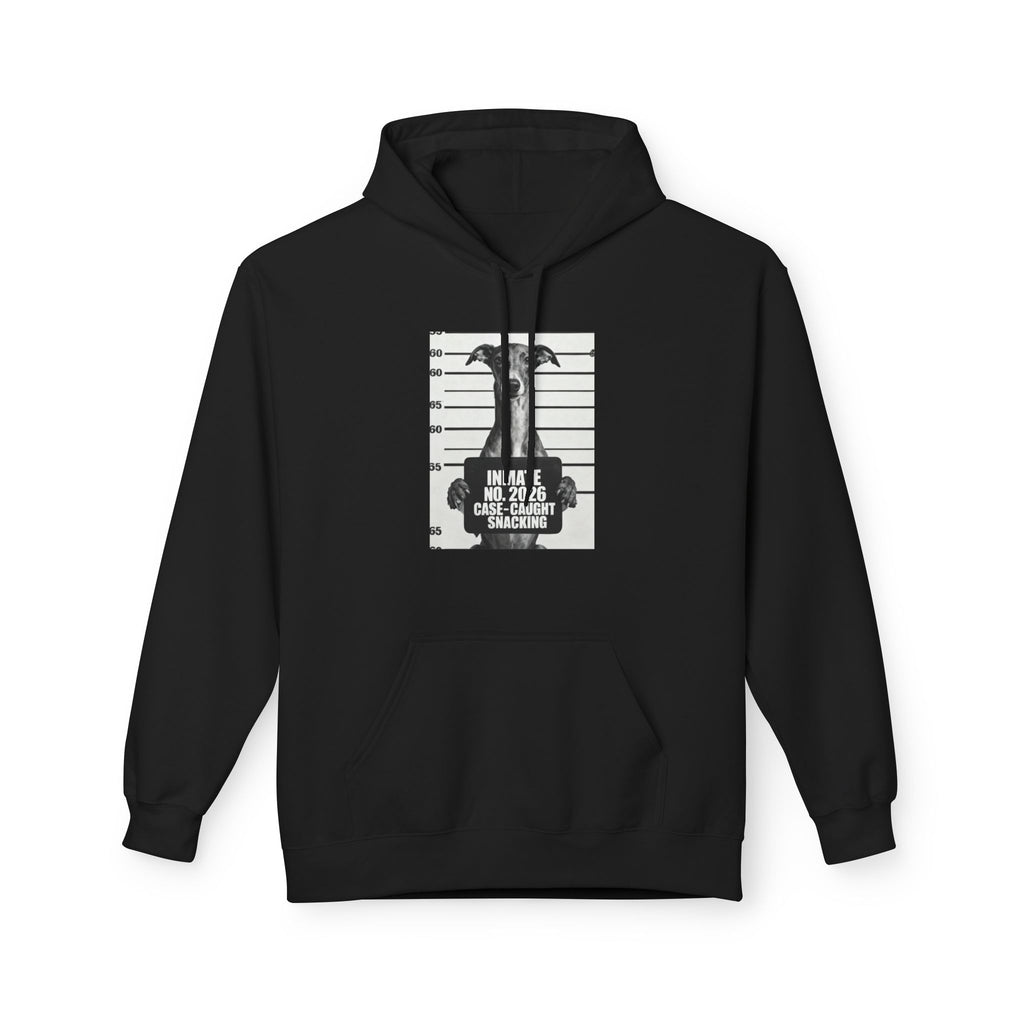 Black pullover hoodie with kangaroo pocket and front dog mugshot graphic