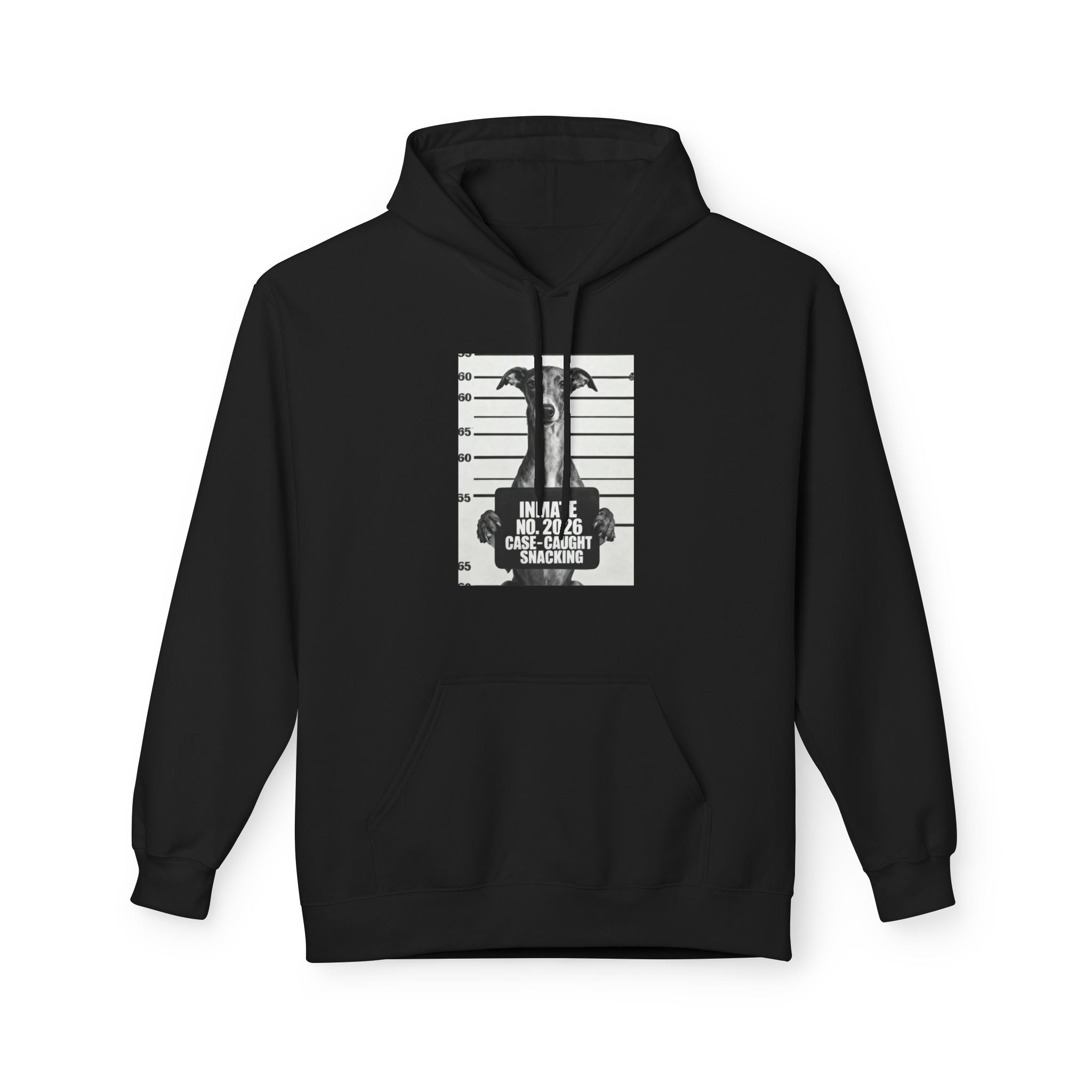 Black pullover hoodie with kangaroo pocket and front dog mugshot graphic