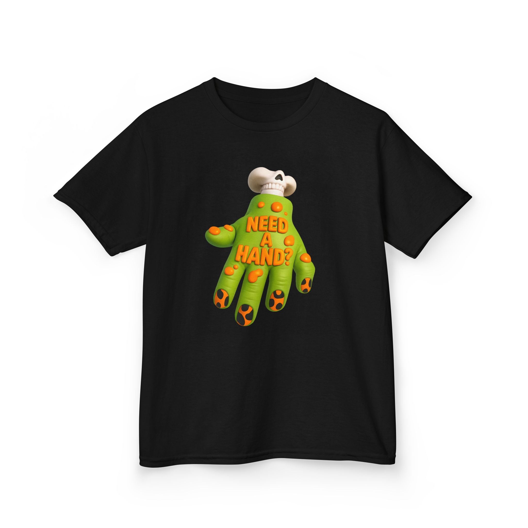 Black kids tee with large green hand graphic and “NEED A HAND?” text