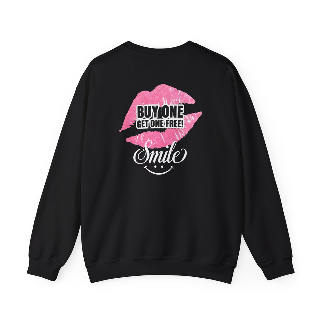 Black crewneck sweatshirt with pink "Buy One Get One Free" Smile back graphic