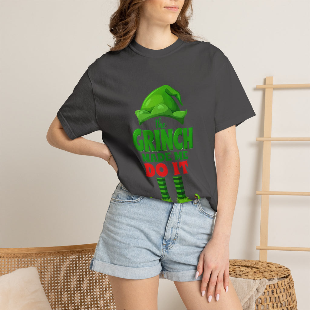 Dark gray unisex T-shirt worn by model with green Grinch “the GRINCH made me do it” print