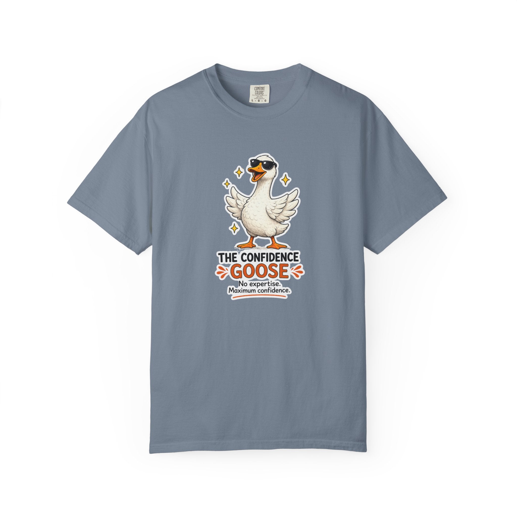 Blue-gray goose graphic T-shirt with motivational text