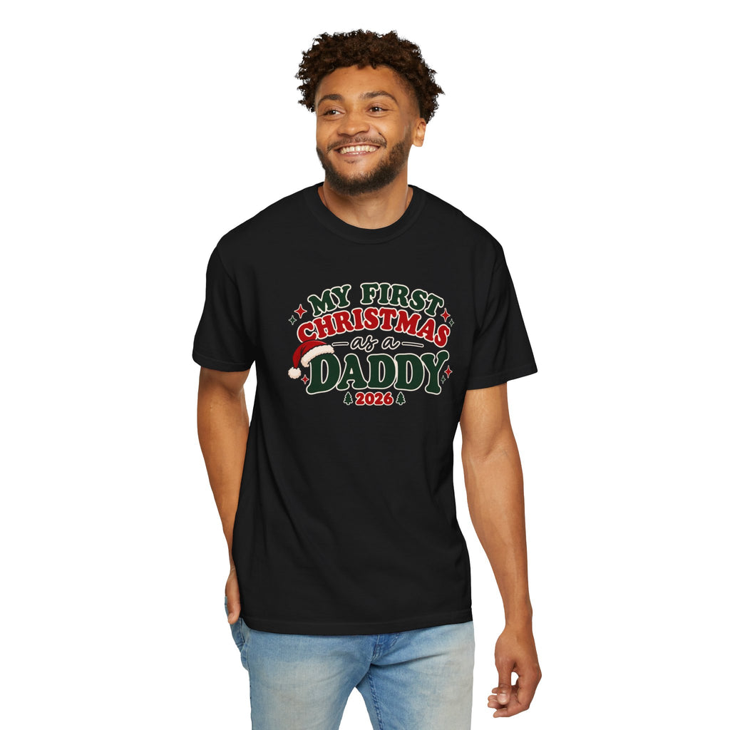 Men's black crewneck T-shirt with colorful Christmas 'Daddy' front print