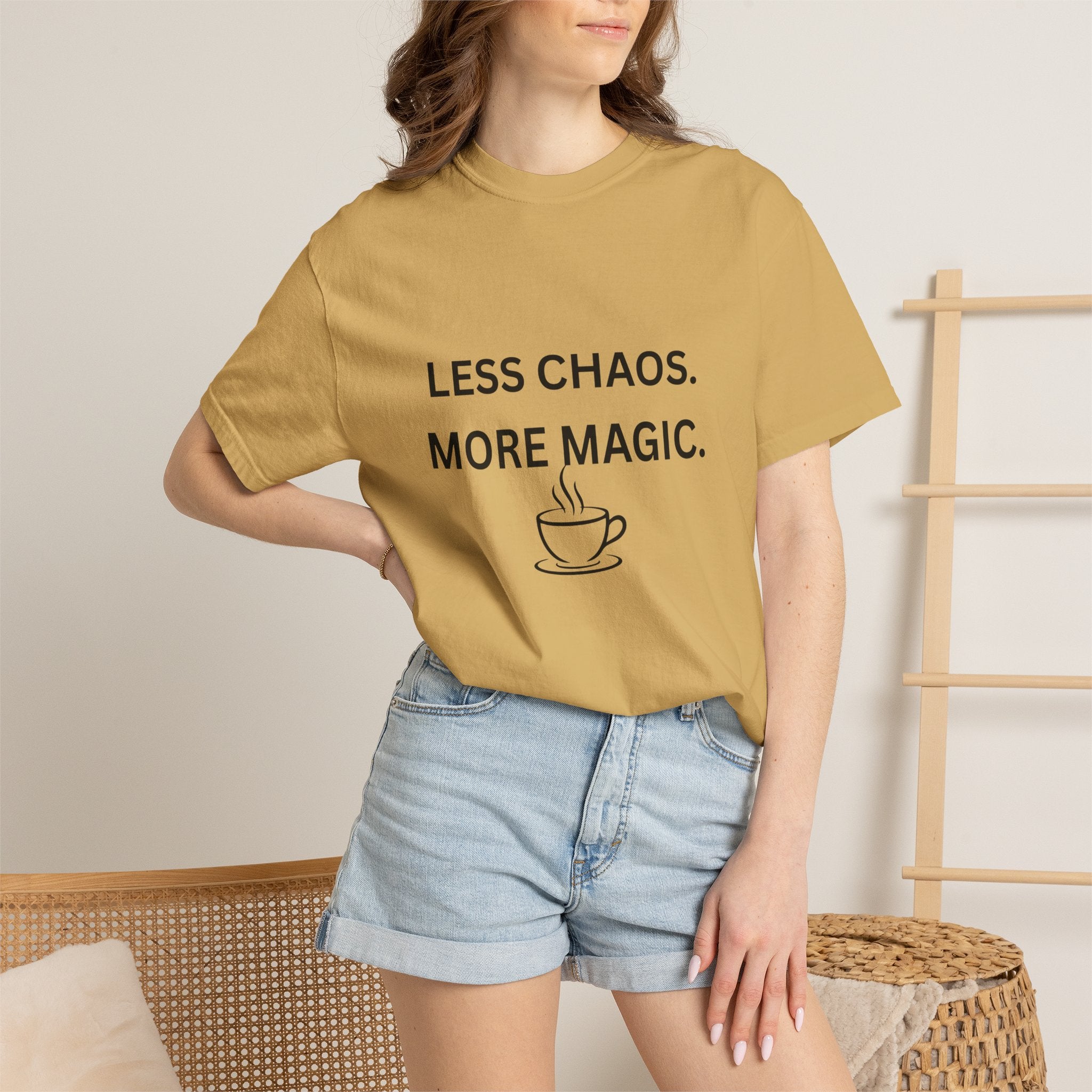 Less Chaos, More Magic T-Shirt — Cozy Coffee Cup Graphic Tee