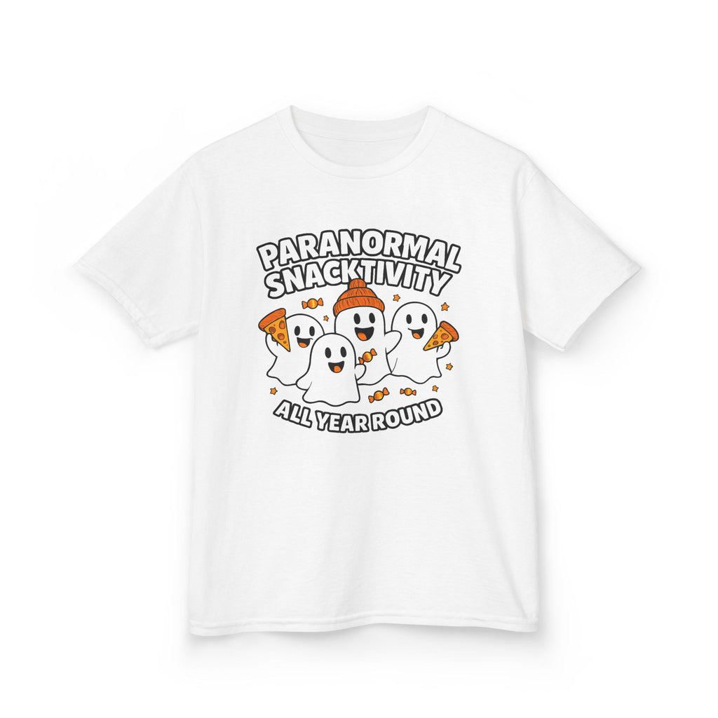 Kids white T-shirt with cute ghost cartoon graphic and 'All Year Round' lettering