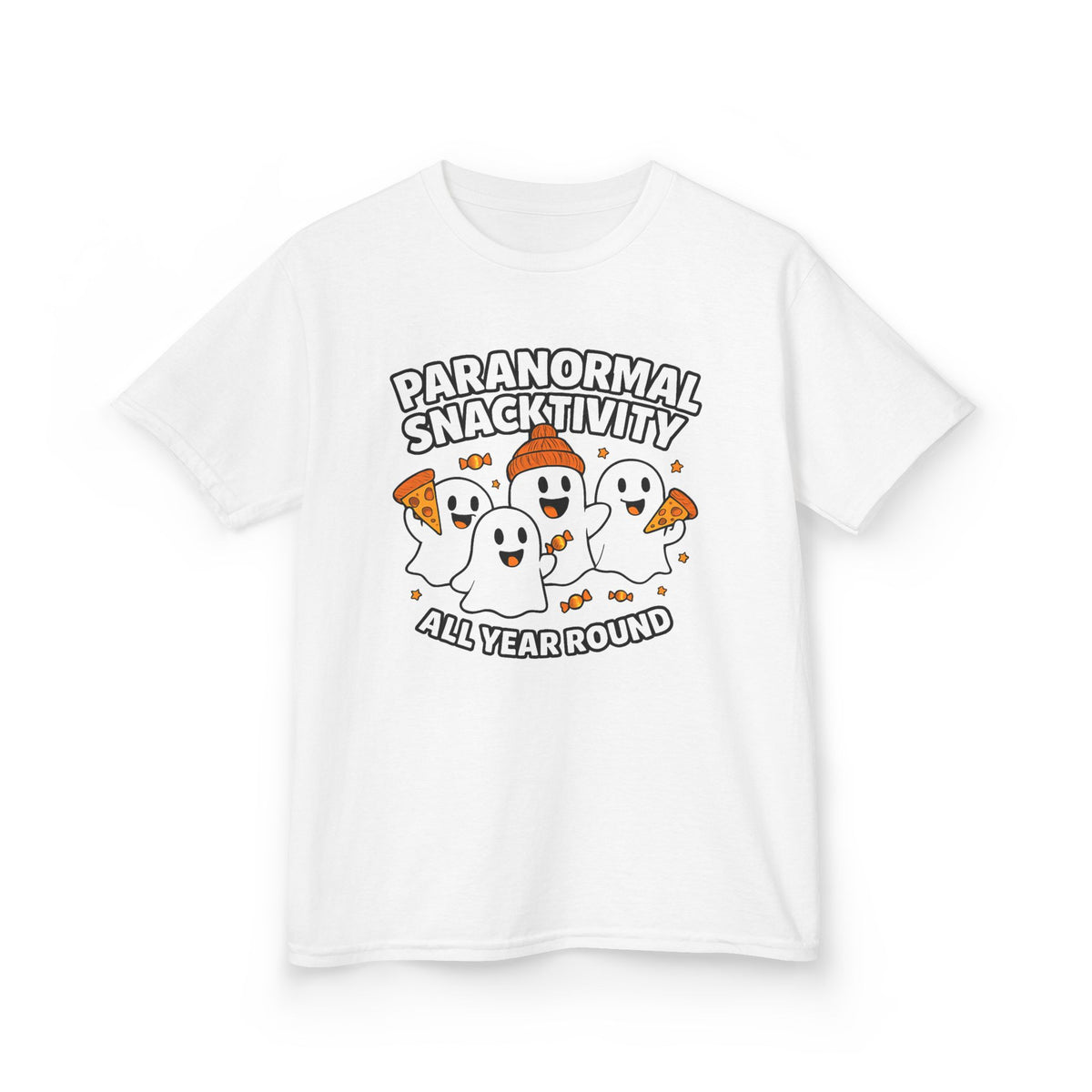 Kids white T-shirt with cute ghost cartoon graphic and 'All Year Round' lettering