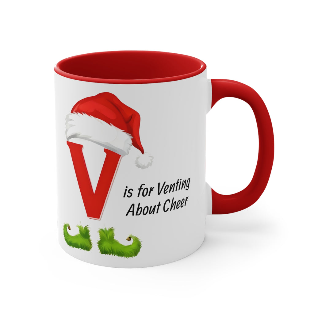Christmas letter V mug with red interior and handle; Santa hat over red V, green beard