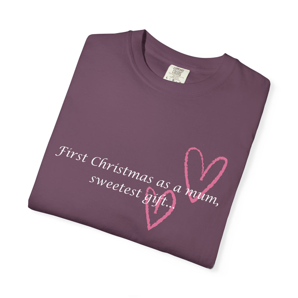 Women's purple Christmas mum T-shirt with 'sweetest gift' script and heart graphic