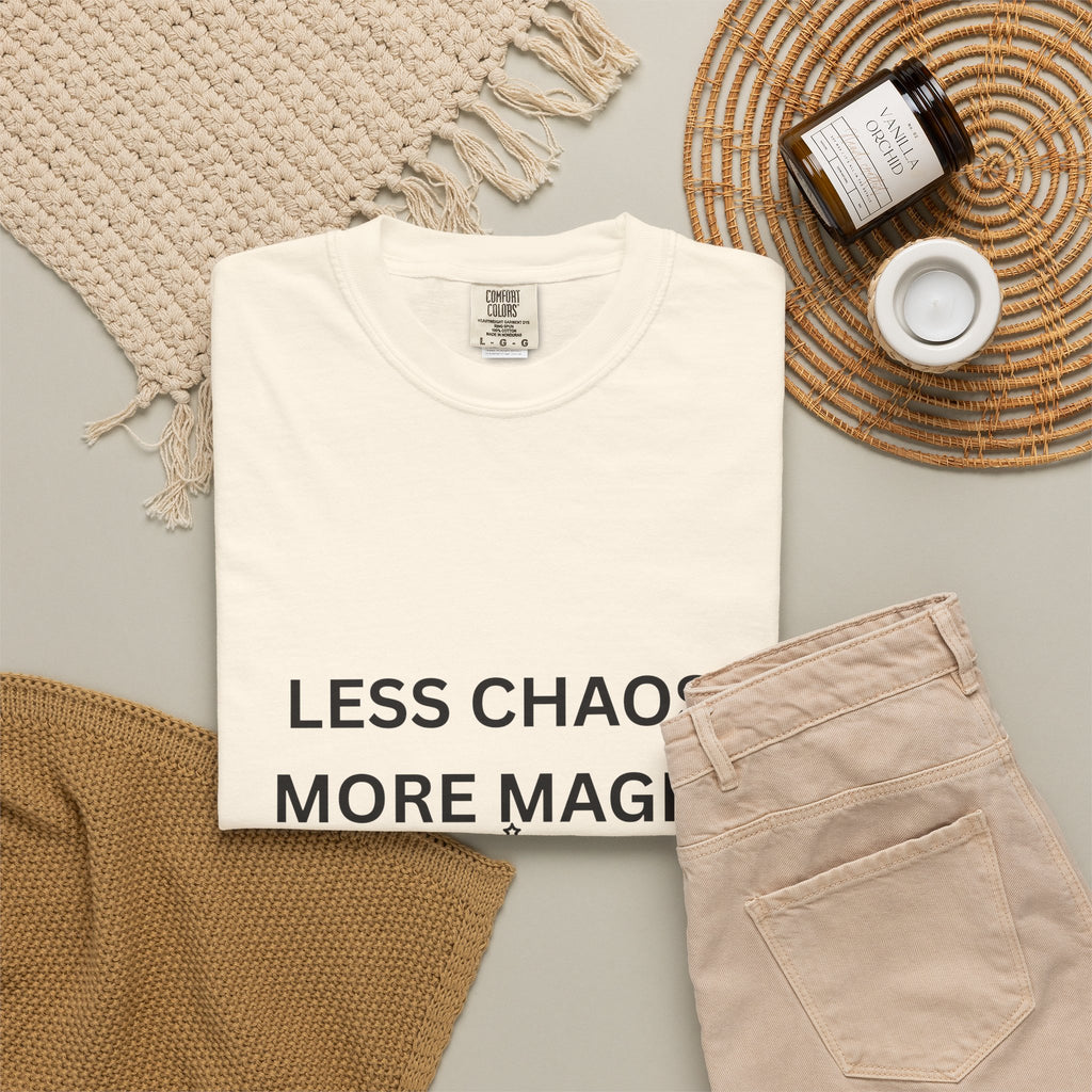 Less Chaos, More Magic T-Shirt — Crescent Moon + Stars Graphic Tee