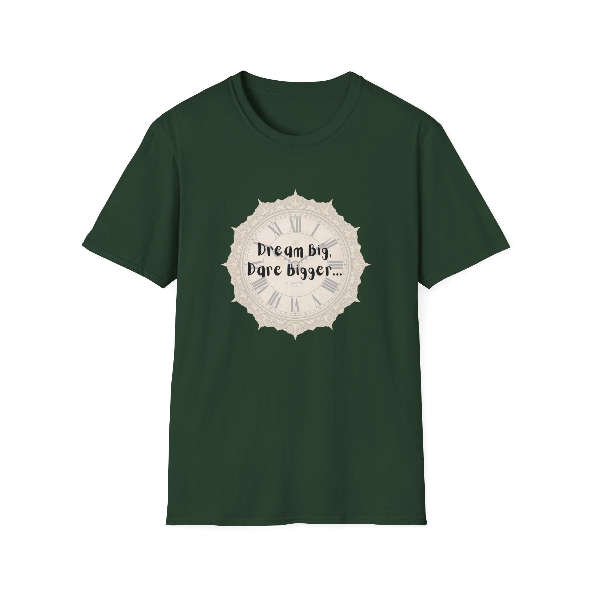Forest green crewneck short-sleeve T-shirt with beige “Dream big, Dare bigger...” badge graphic