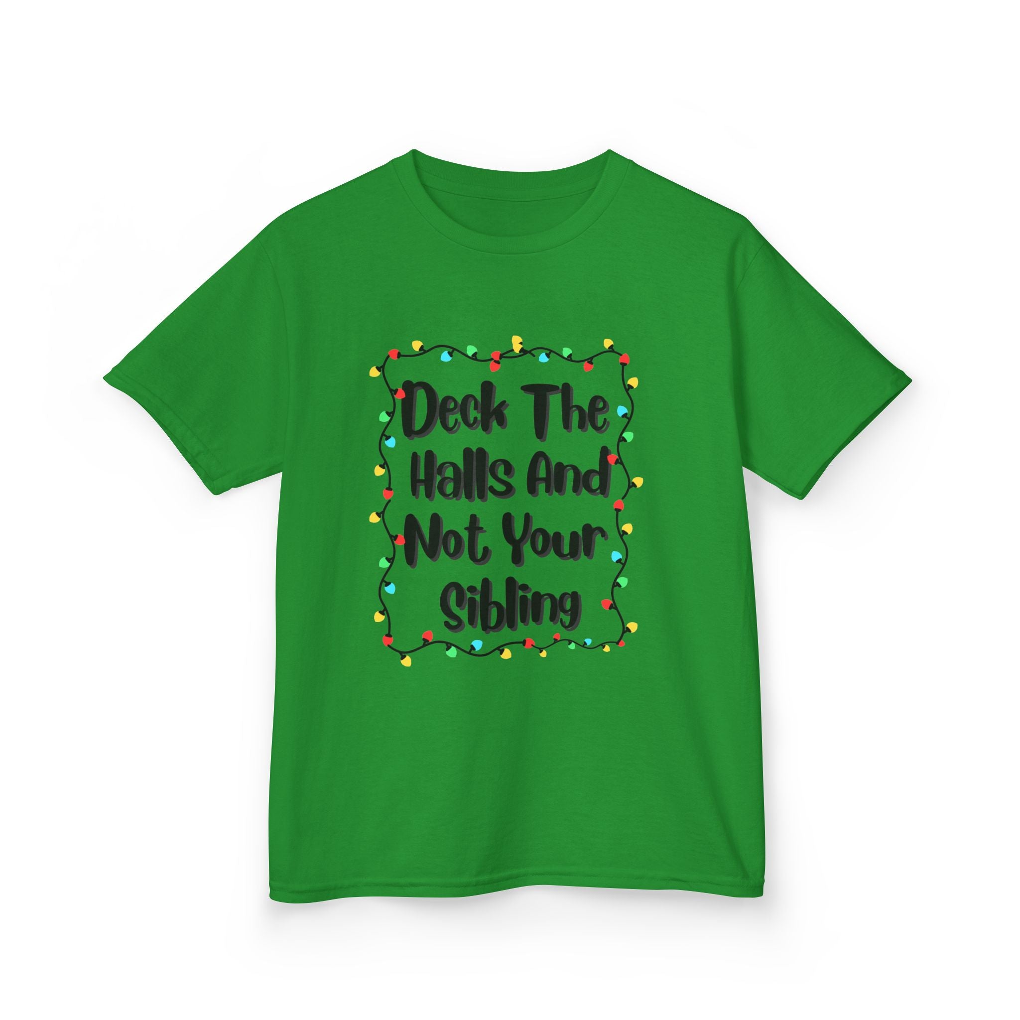 Green kids T-shirt with centered wreath light graphic and "Deck the Halls" text