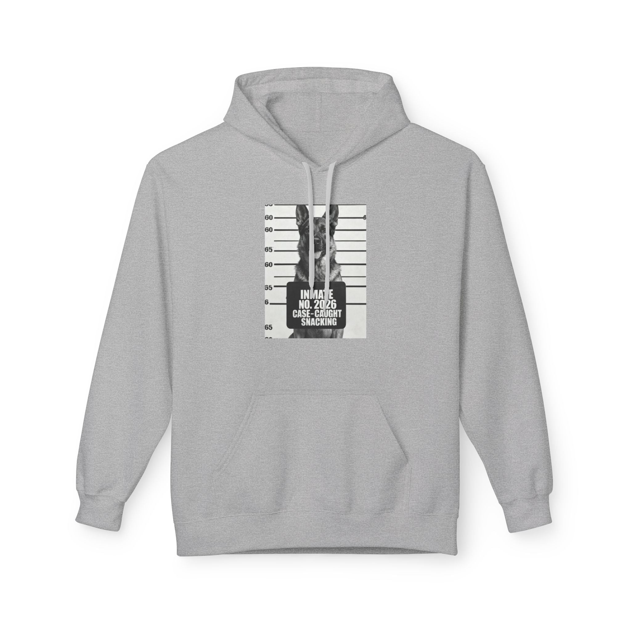 Sport grey hoodie with front pouch and German shepherd mugshot graphic, hood up.