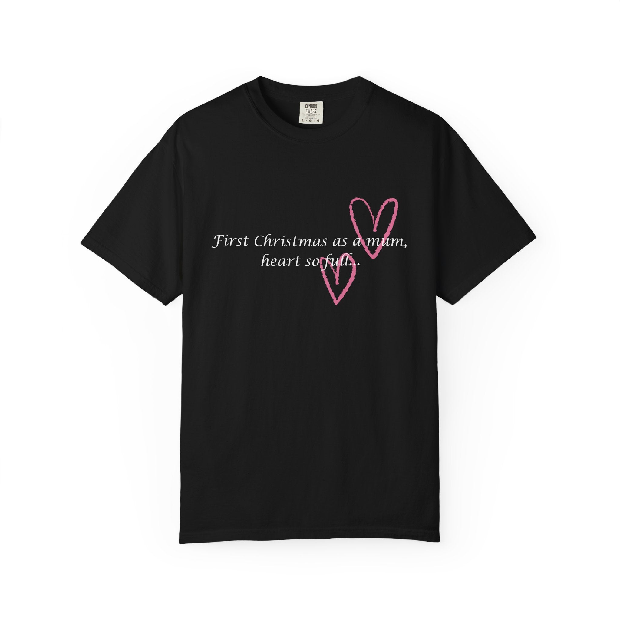 Black Mum Christmas heart T-shirt with pink heart outline and script text on center chest
