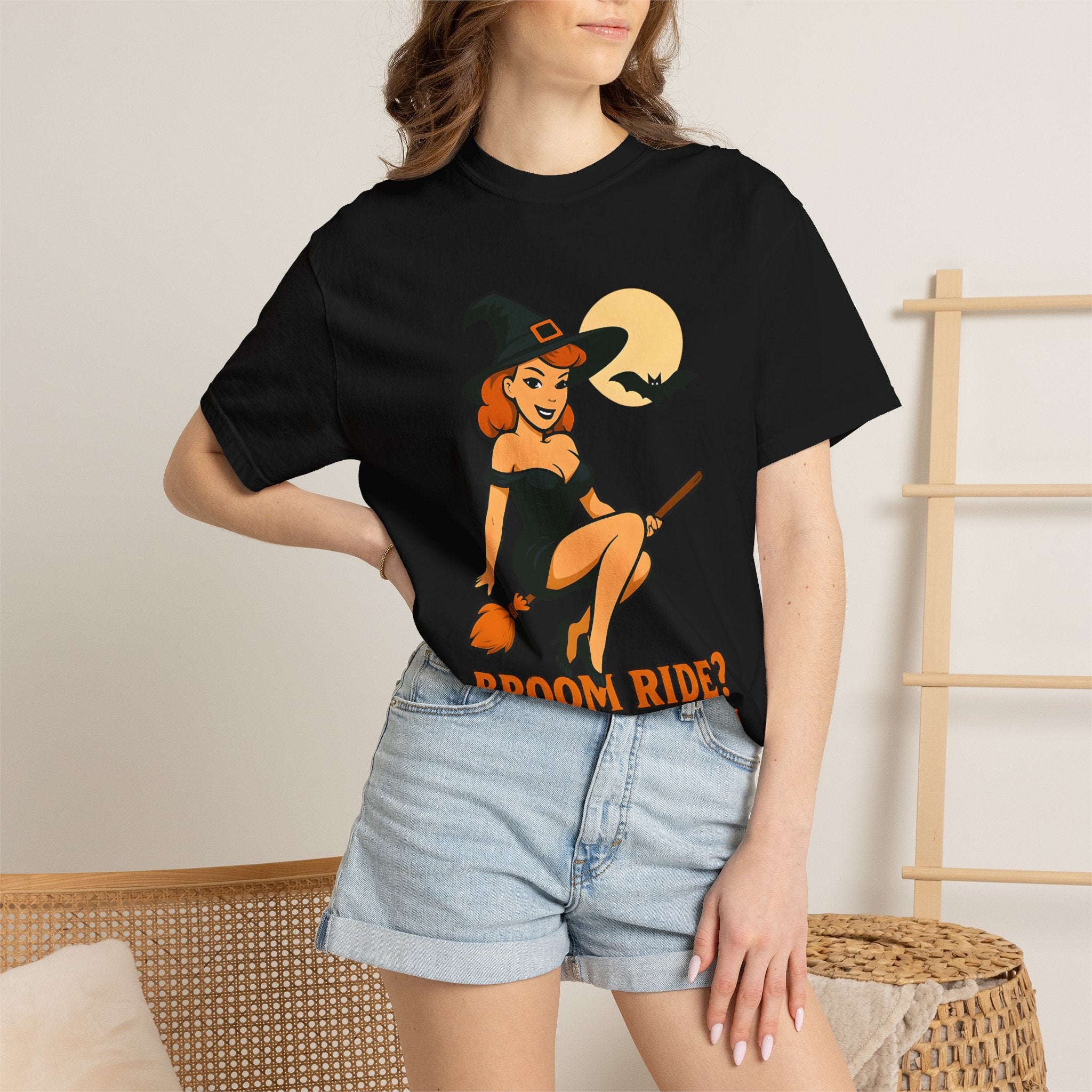 Witch Pinup Tee - "Broom Ride? Enquire Within" Halloween Graphic Shirt