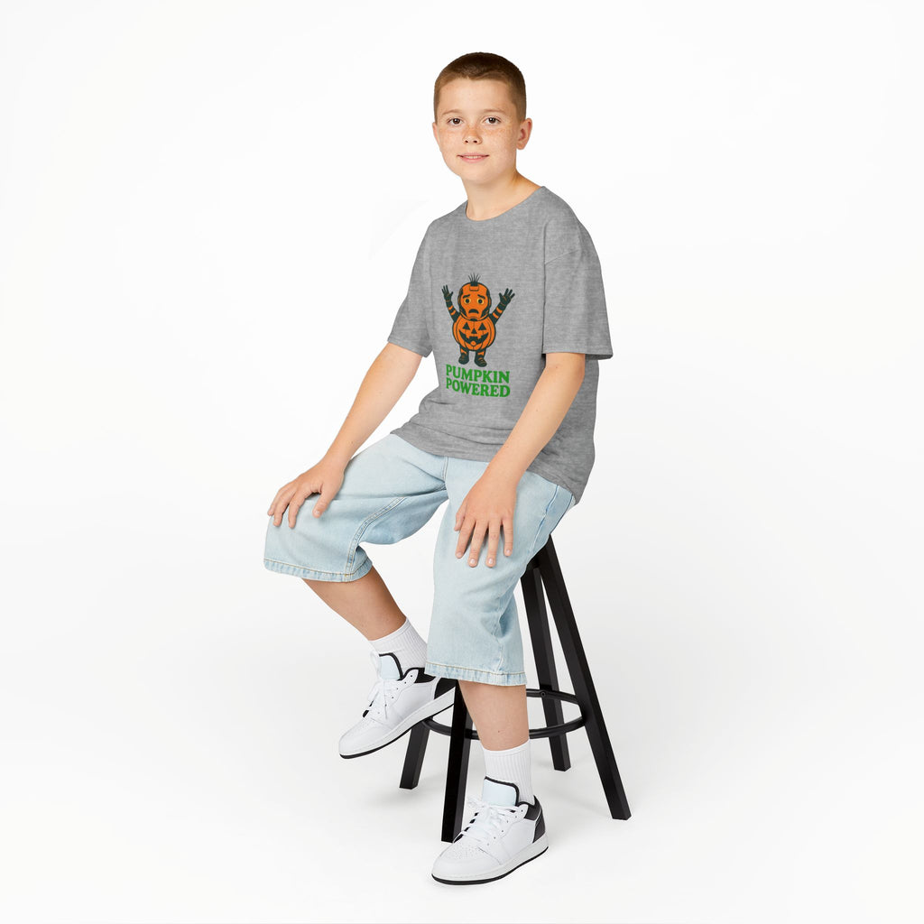 Kids Halloween T-shirt, heather gray, jack-o'-lantern graphic with “PUMPKIN POWERED”