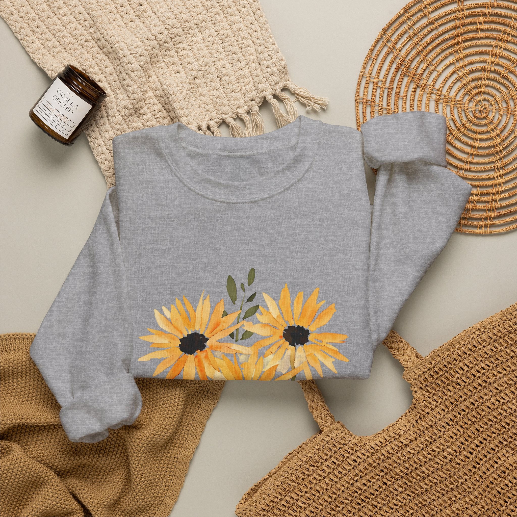 Ash gray crewneck sweatshirt with sunflower floral bouquet print, long sleeves