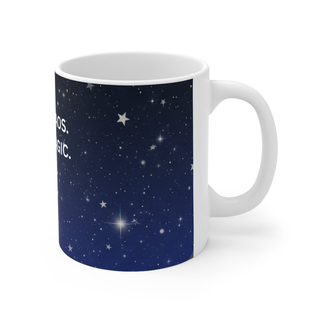 Ceramic Mug — "Less Chaos, More Magic" Night Sky Moon Coffee Cup 11oz