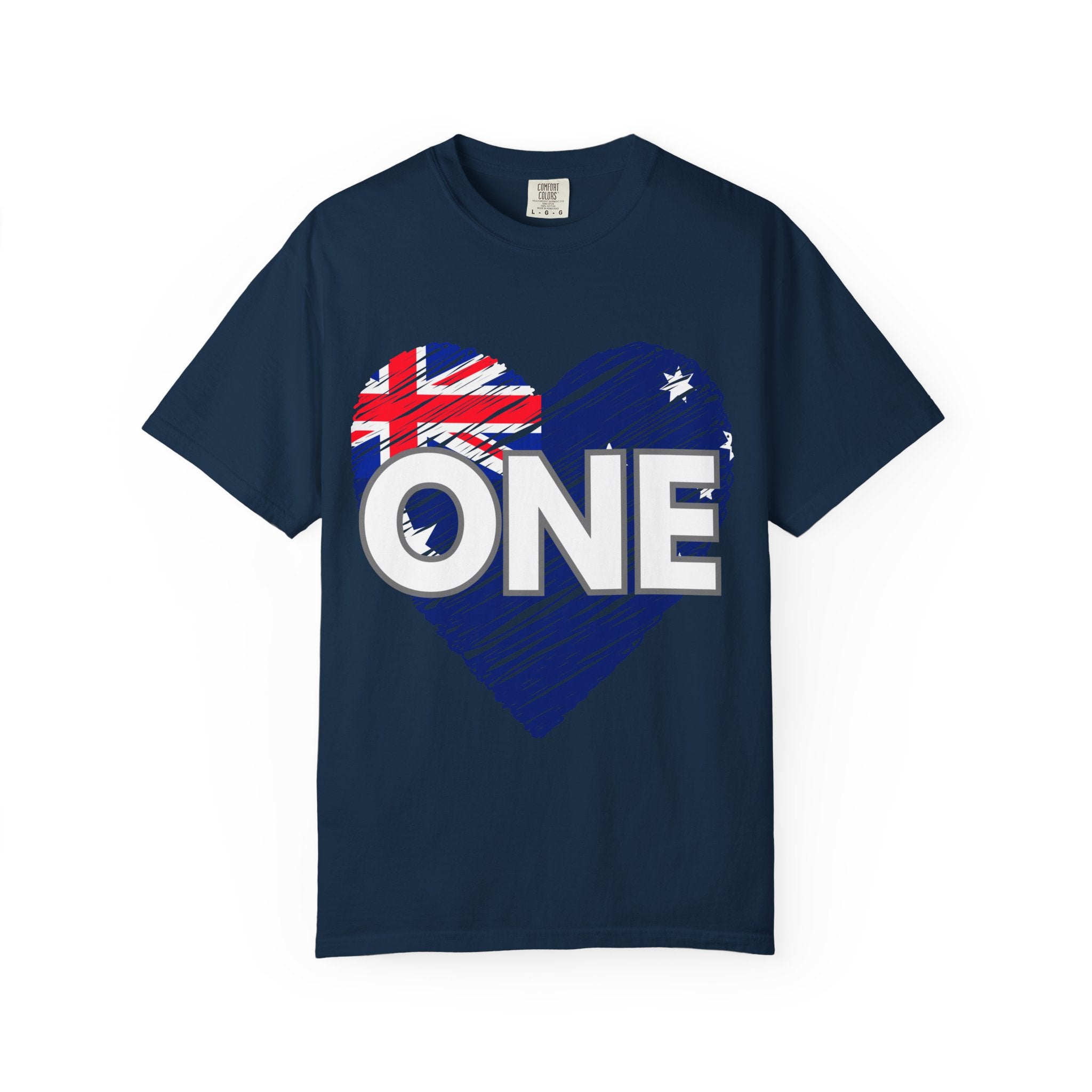 True navy short-sleeve T-shirt with crew neck and heart graphic reading “ONE”
