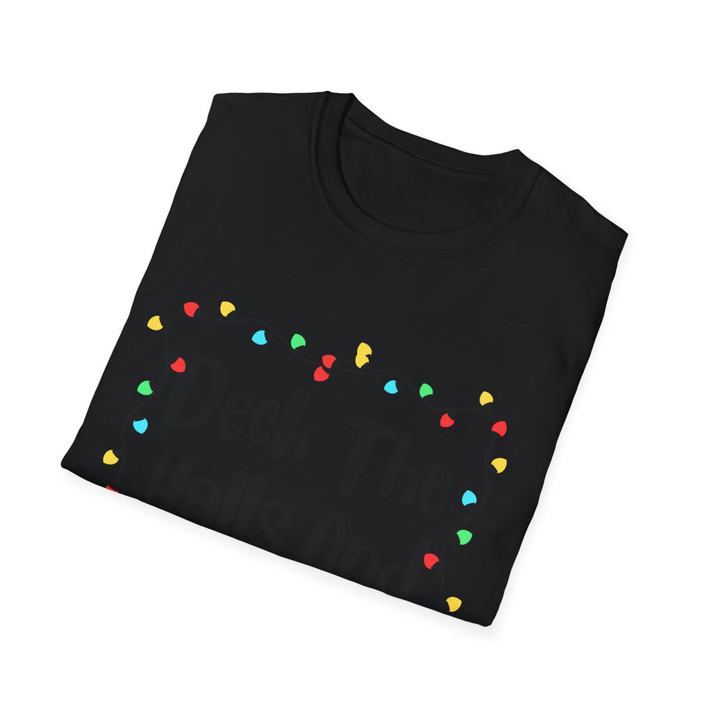 Black holiday T-shirt with multicolor string light bulbs graphic across the chest