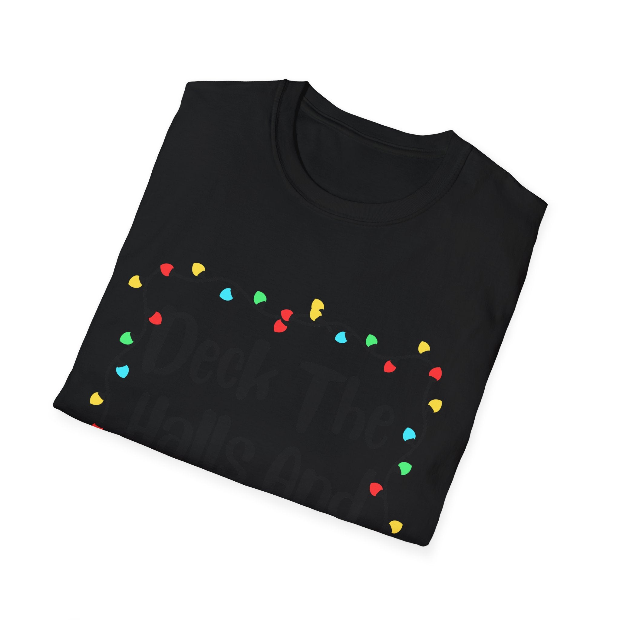 Black holiday T-shirt with multicolor string light bulbs graphic across the chest