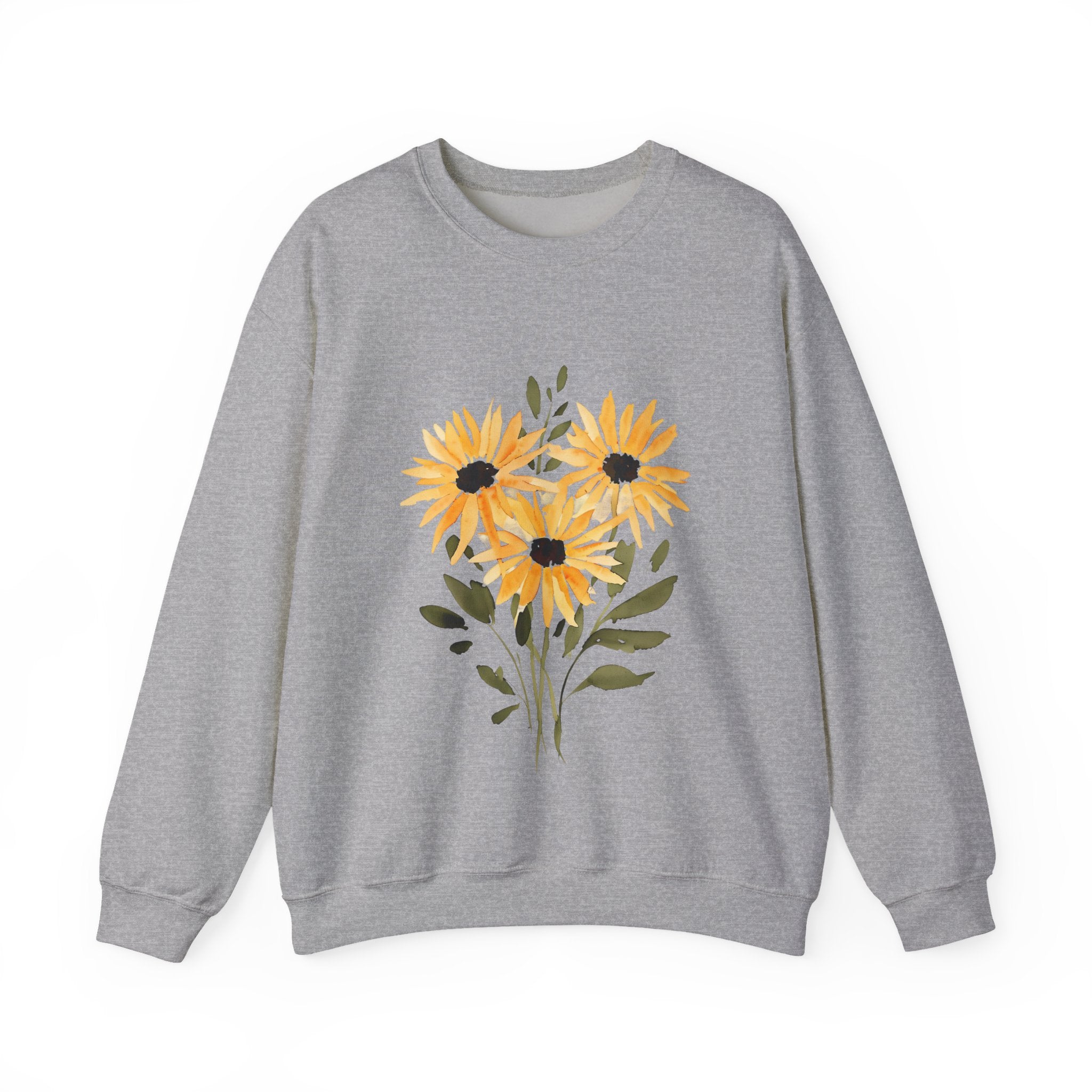 Sport grey crewneck sweatshirt with orange sunflower bouquet graphic on the front