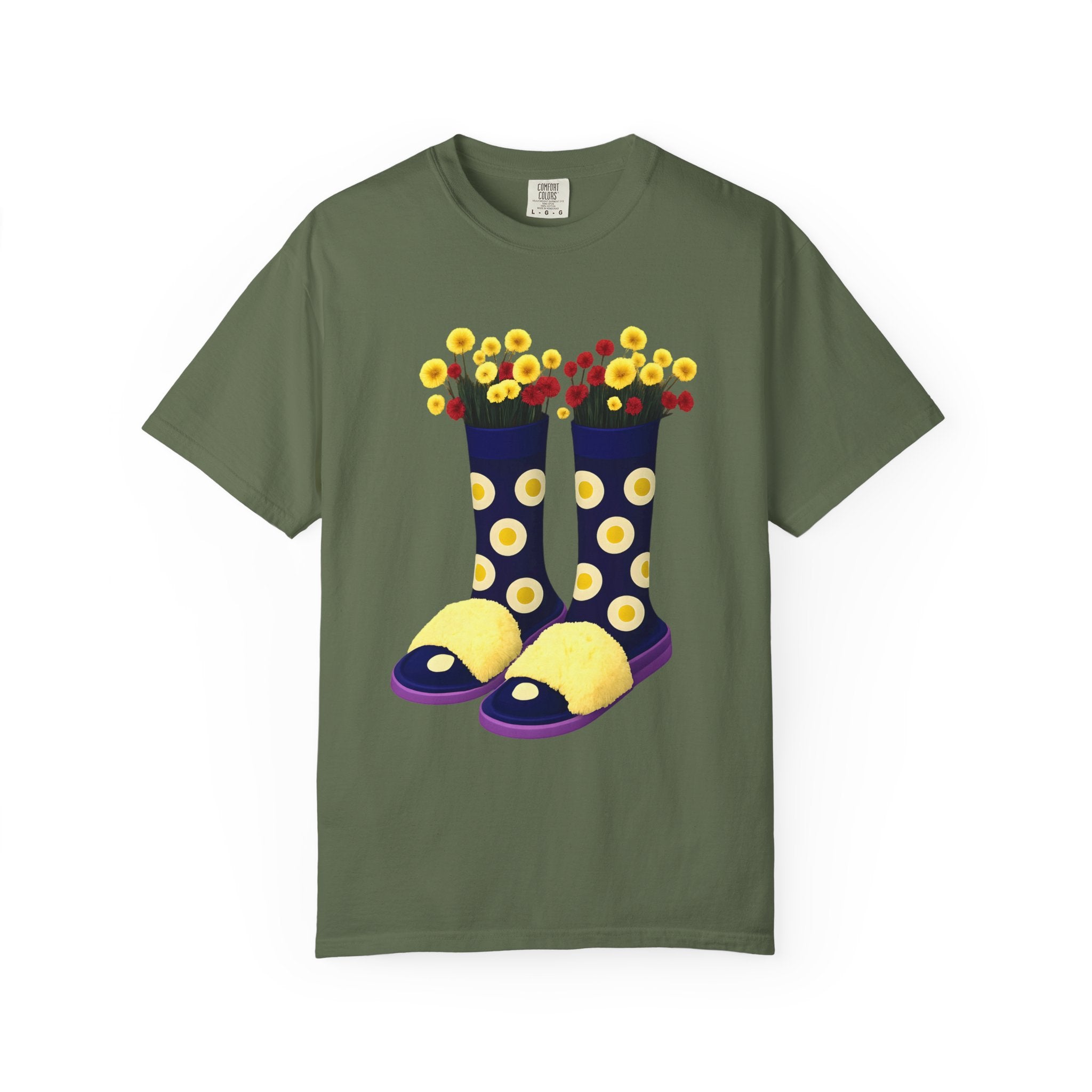 Sage green t-shirt with floral rain boot graphic in dark navy, yellow, and red flowers.