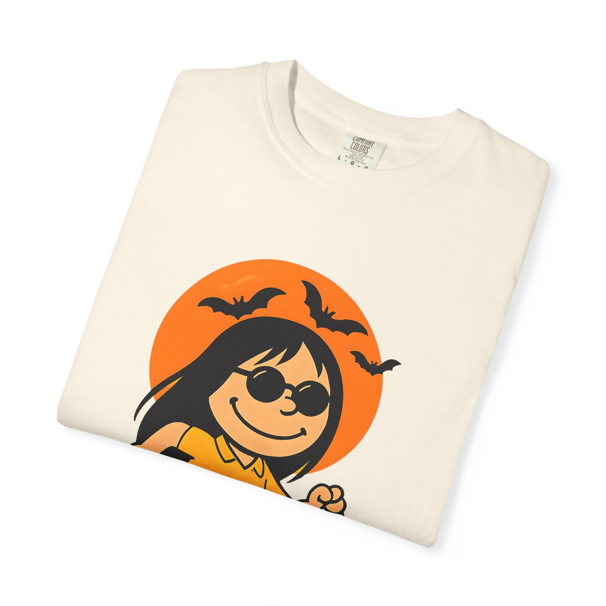Ivory unisex T-shirt with close-up orange bat-hair girl graphic