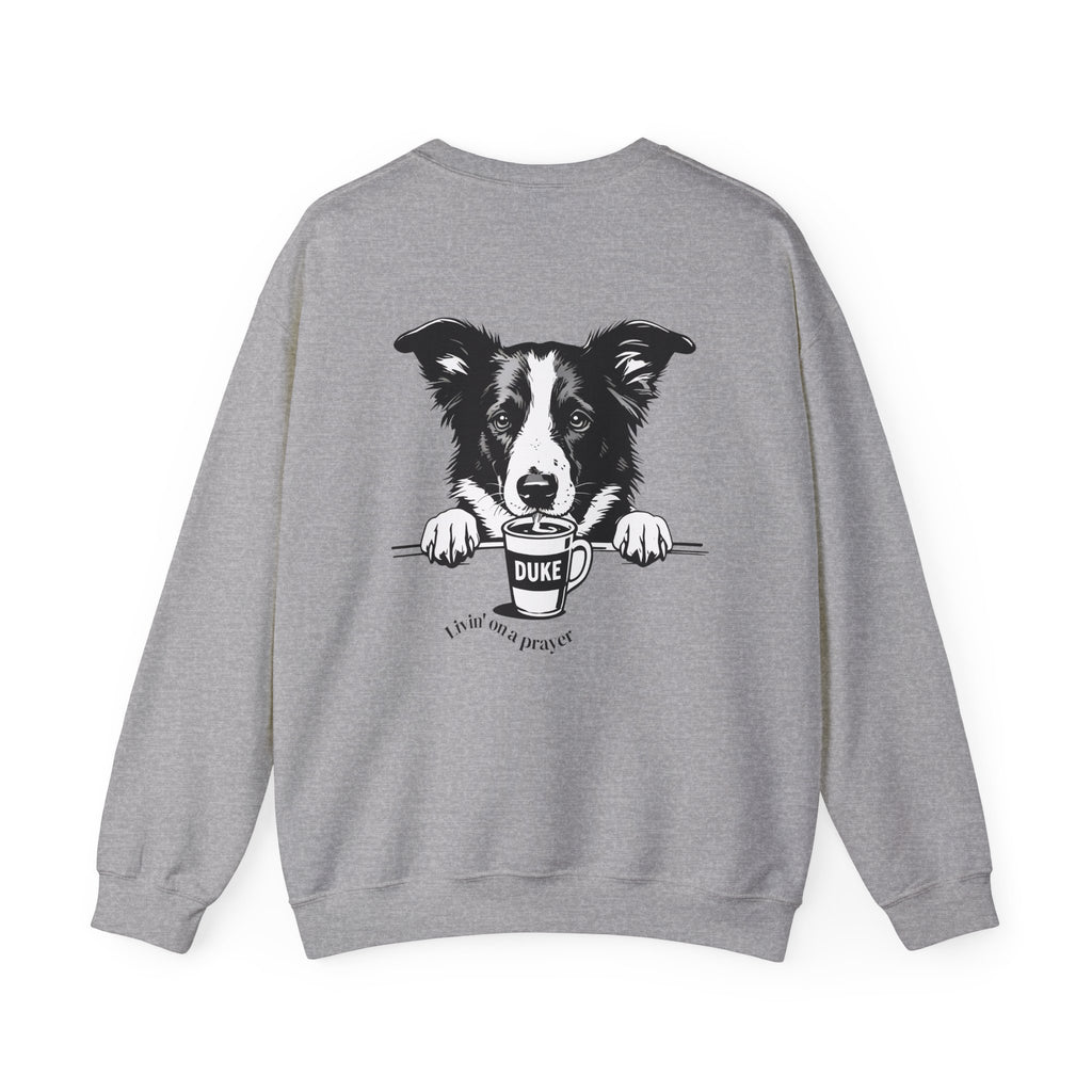 Unisex sport grey sweatshirt with border collie back graphic and 'DUKE' patch