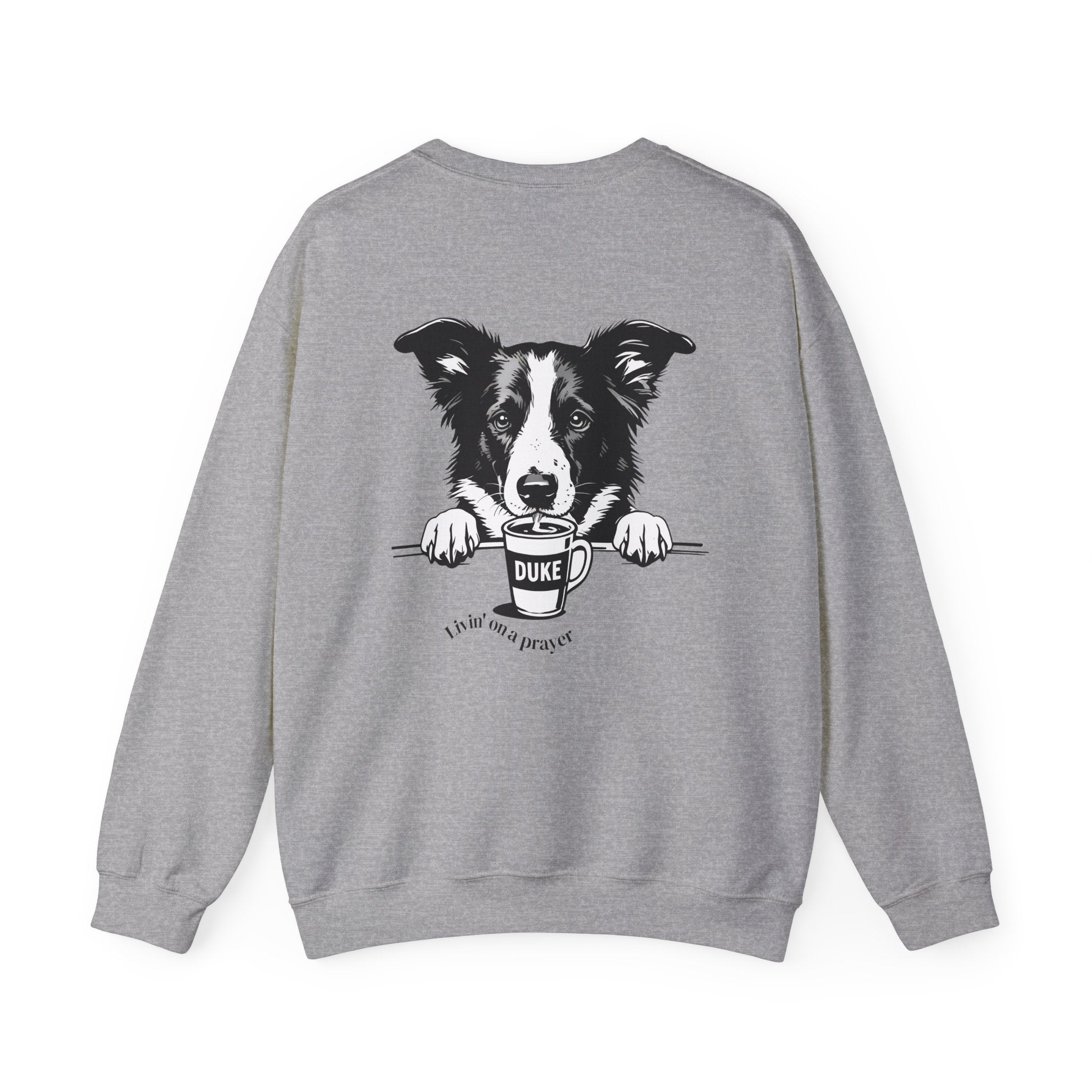 Unisex sport grey sweatshirt with border collie back graphic and 'DUKE' patch