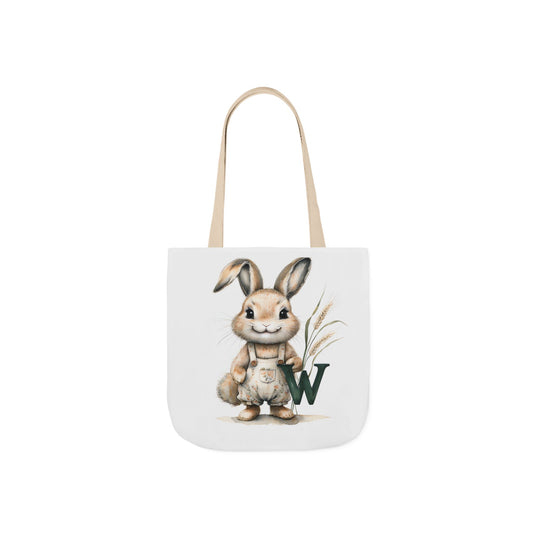Whimsical Letter W Bunny Canvas Tote Bag with 5-Color Straps, Cute Farm Animal Bag, Eco-Friendly Shopping Tote, Easter Gift, Kids/Adult Tote