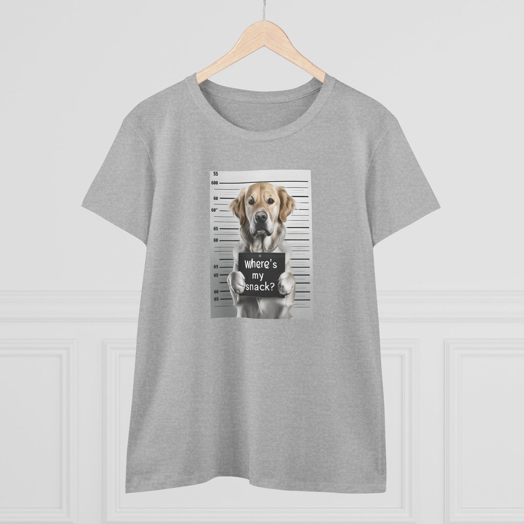 Sport grey crewneck T-shirt with dog mugshot graphic and "Where's my snack?"