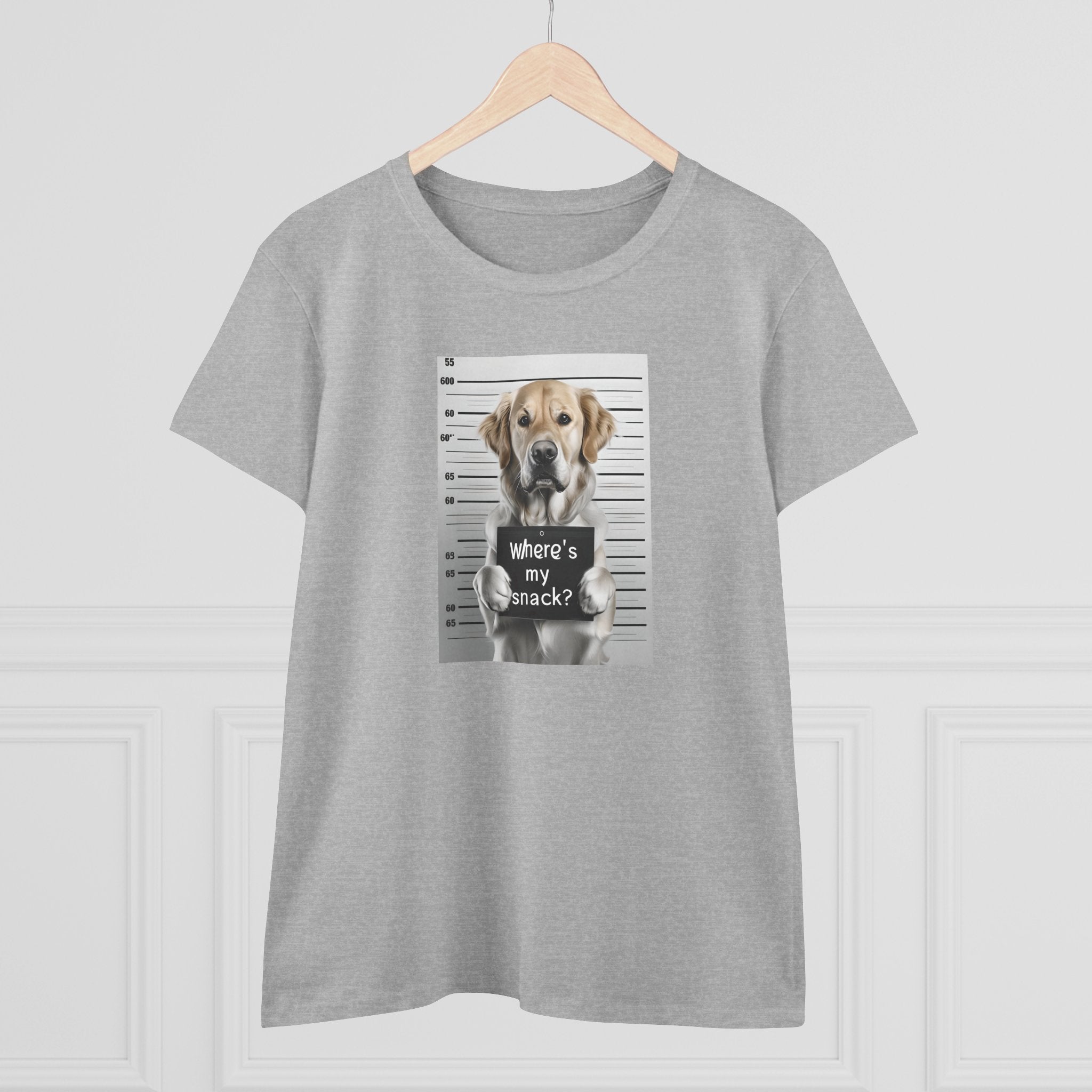 Sport grey crewneck T-shirt with dog mugshot graphic and "Where's my snack?"
