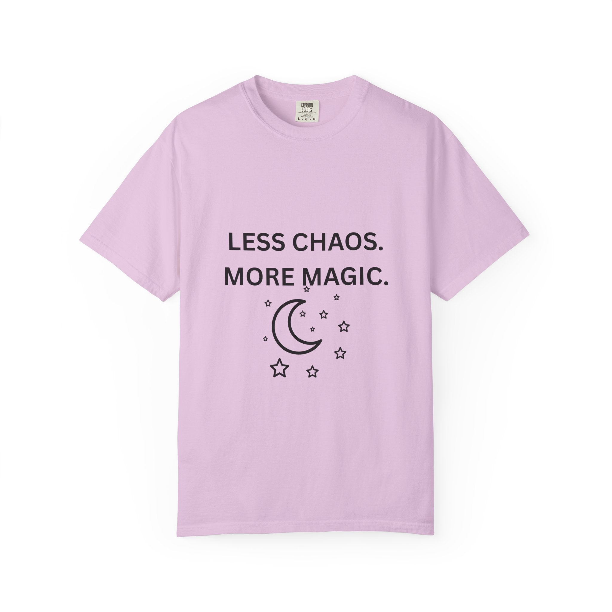 Lavender T-shirt with “LESS CHAOS. MORE MAGIC.” moon and stars graphic