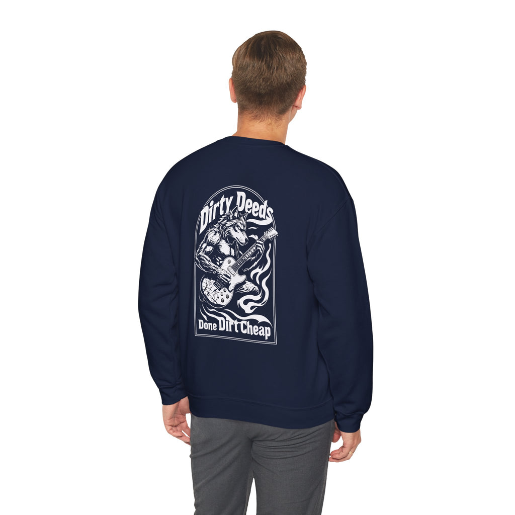 Navy crewneck sweatshirt, back graphic of wolf playing guitar, ribbed cuffs and hem