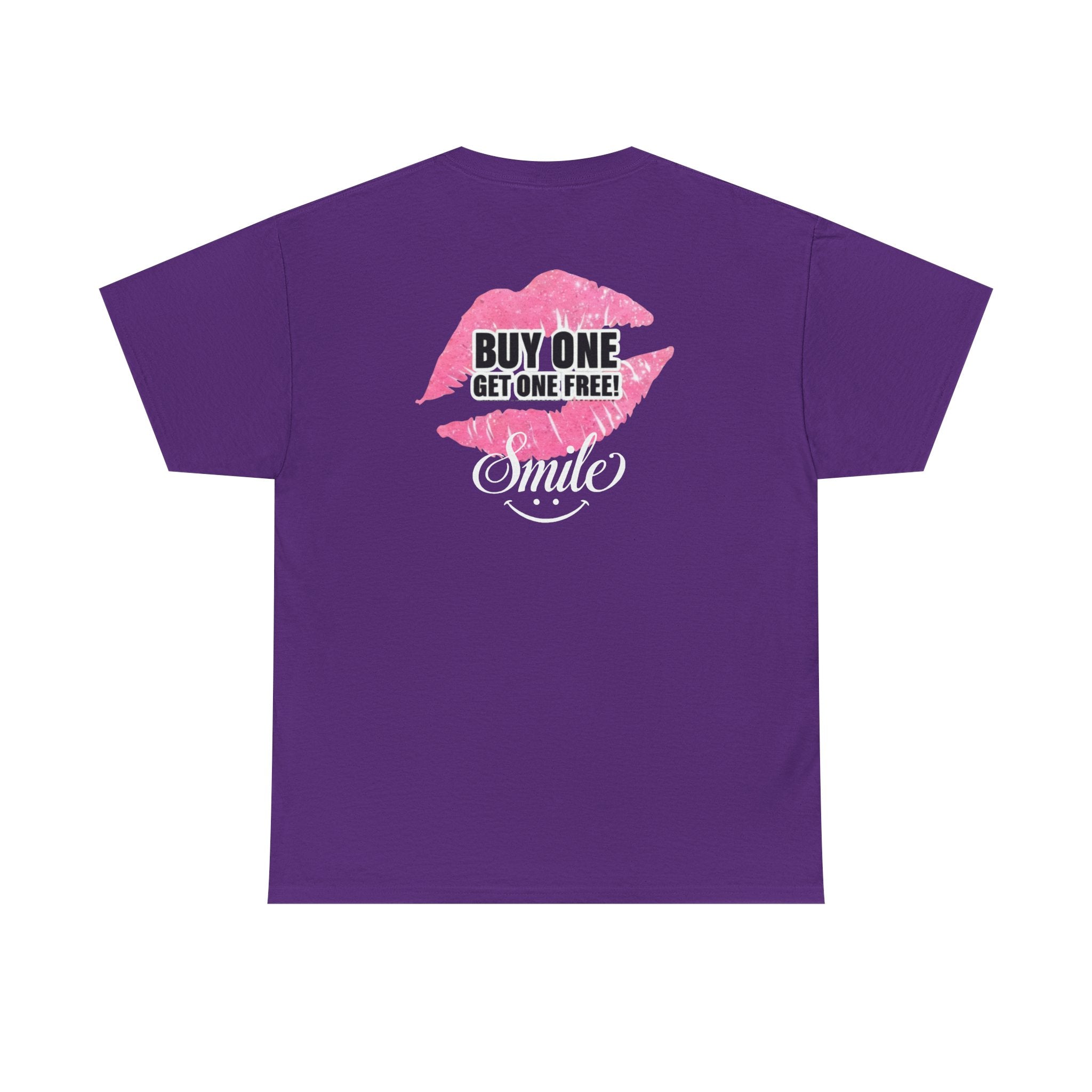 Purple crewneck T-shirt with front lips graphic and text: “BUY ONE GET ONE FREE”