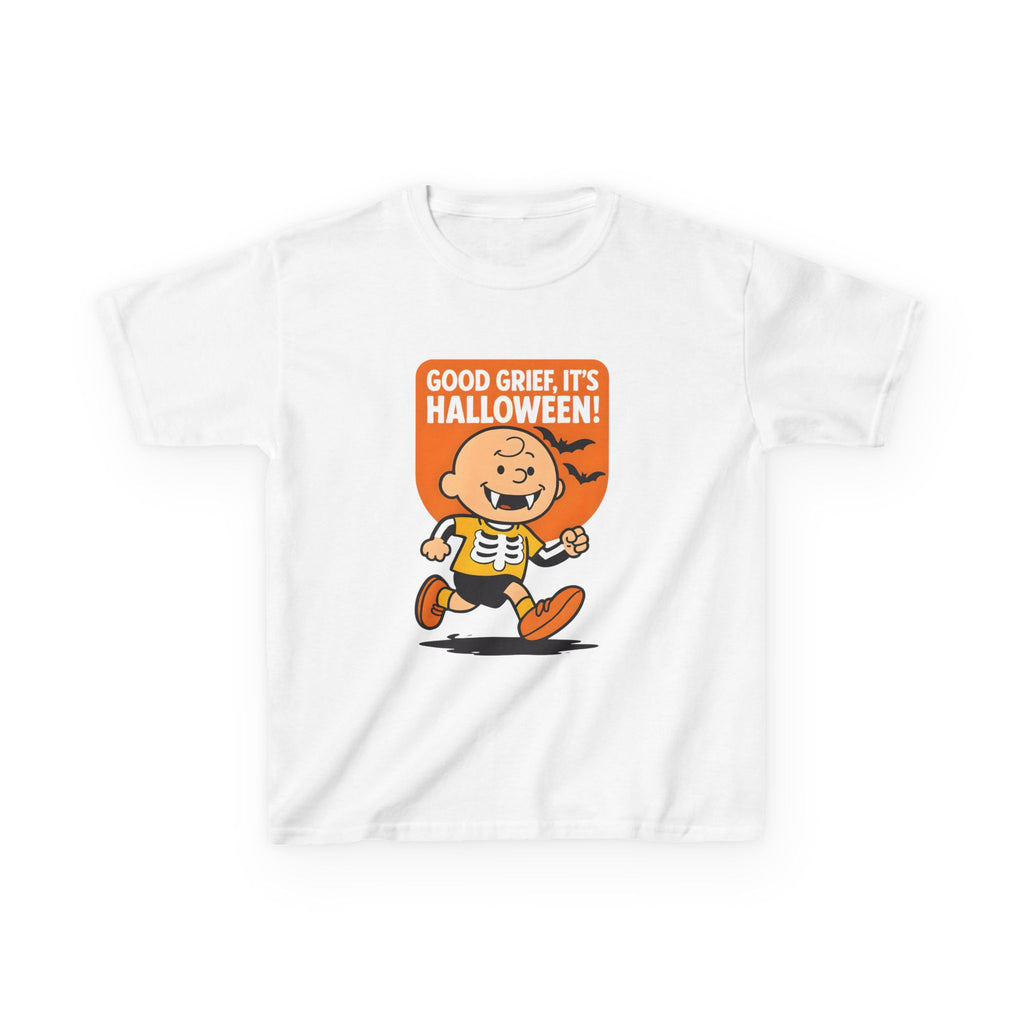 White kids Halloween T-shirt with cartoon character graphic and "Good Grief, It's Halloween!"