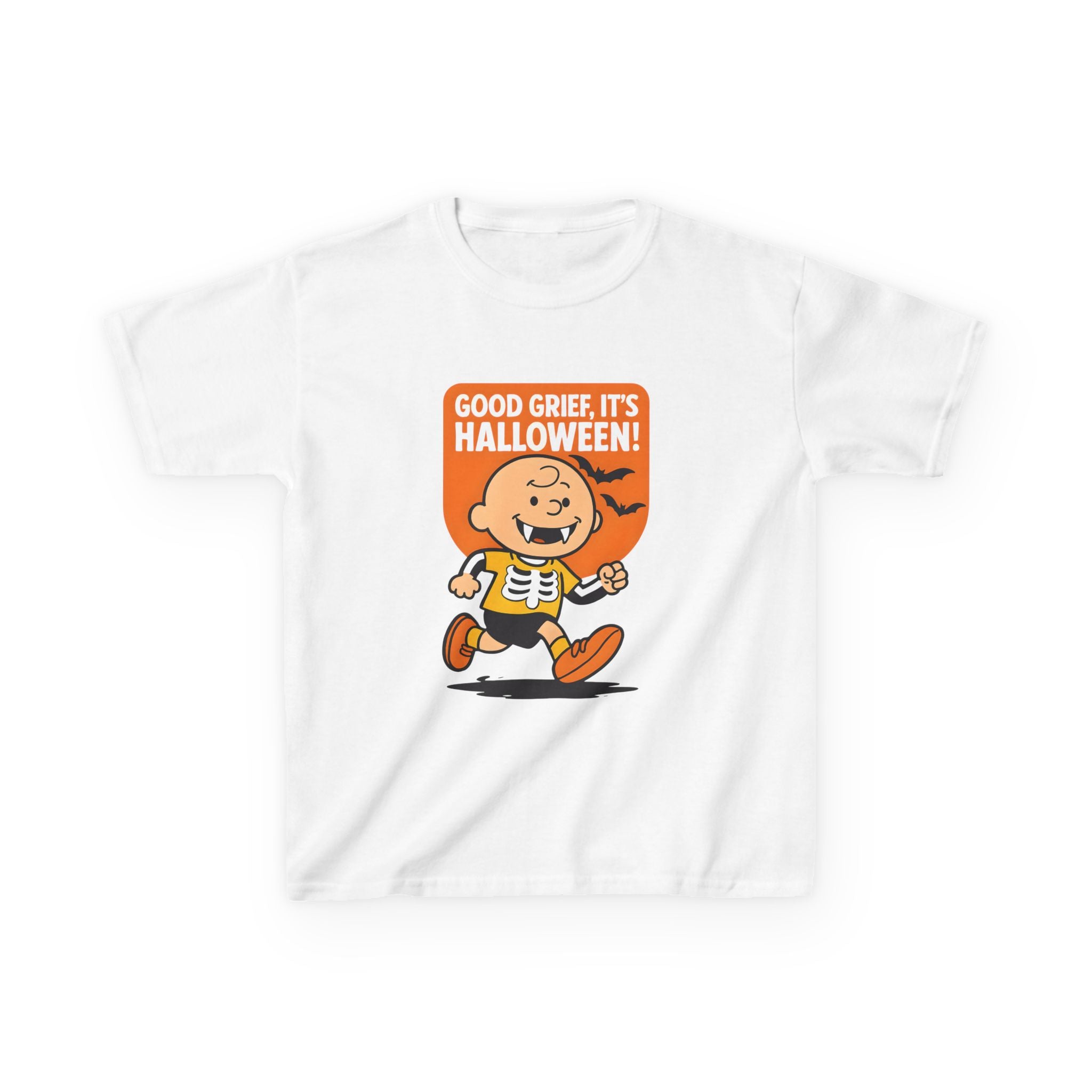 White kids Halloween T-shirt with cartoon character graphic and "Good Grief, It's Halloween!"