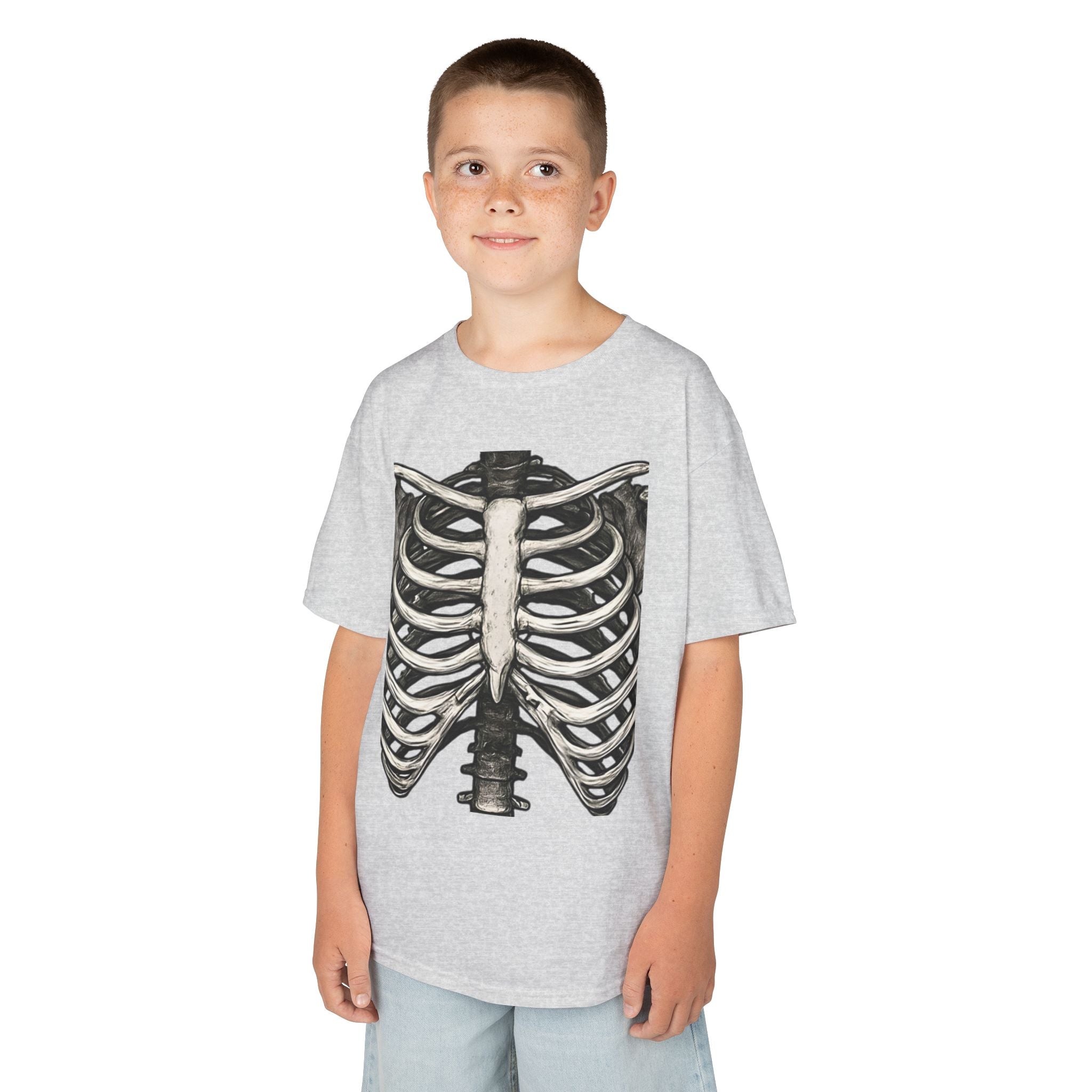 Kids light gray crewneck tee worn by a child, featuring a ribcage skeleton graphic