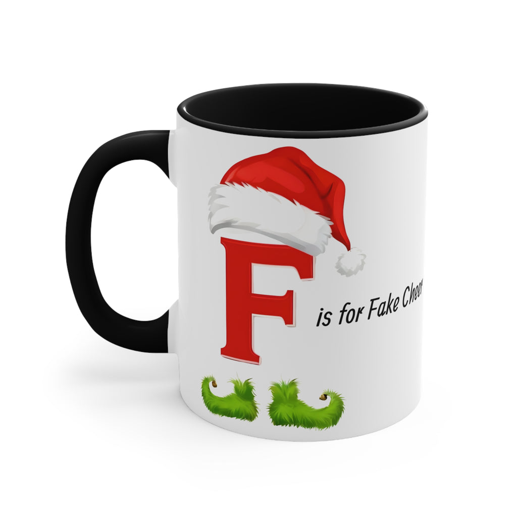 Black-handled holiday letter F mug with Santa hat and green faux-beard graphic