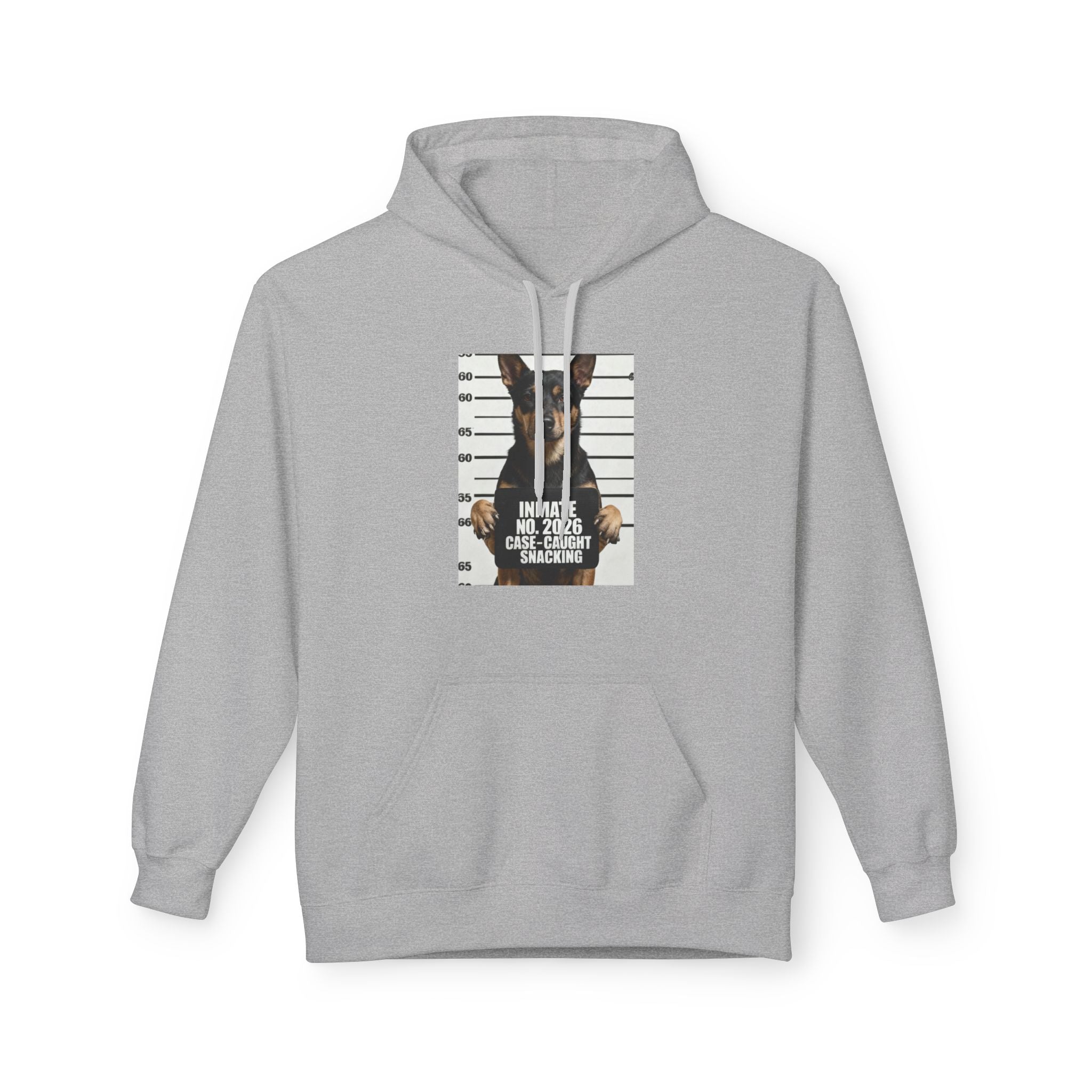 Heather grey hoodie with front chest graphic, kangaroo pocket, and drawstring hood.