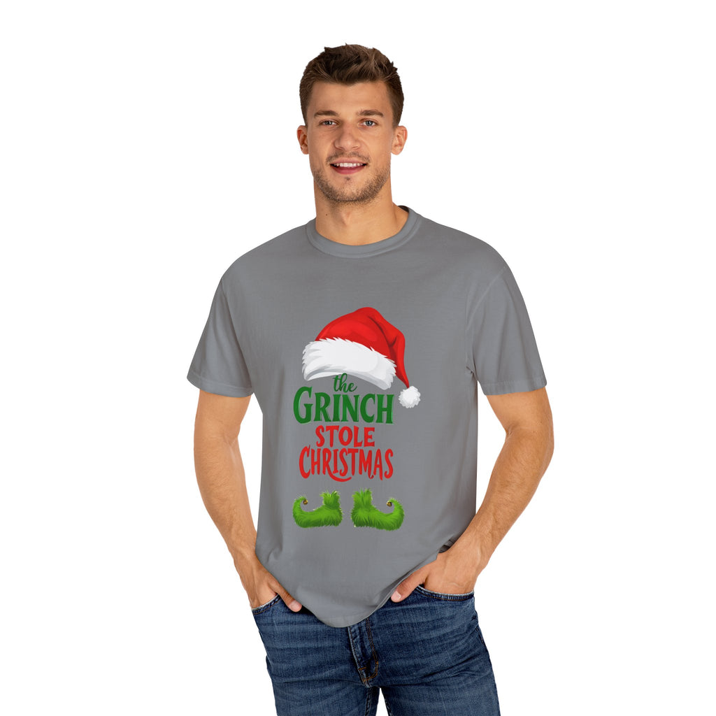 Grey crewneck T-shirt with red Santa-hat Grinch graphic and “stole Christmas” text