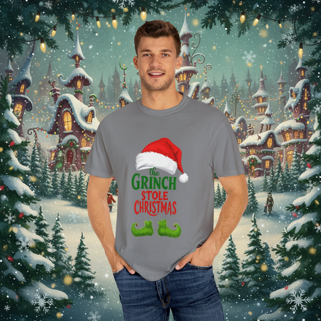 Grey crewneck T-shirt with red Santa hat and green "Grinch stole Christmas" graphic