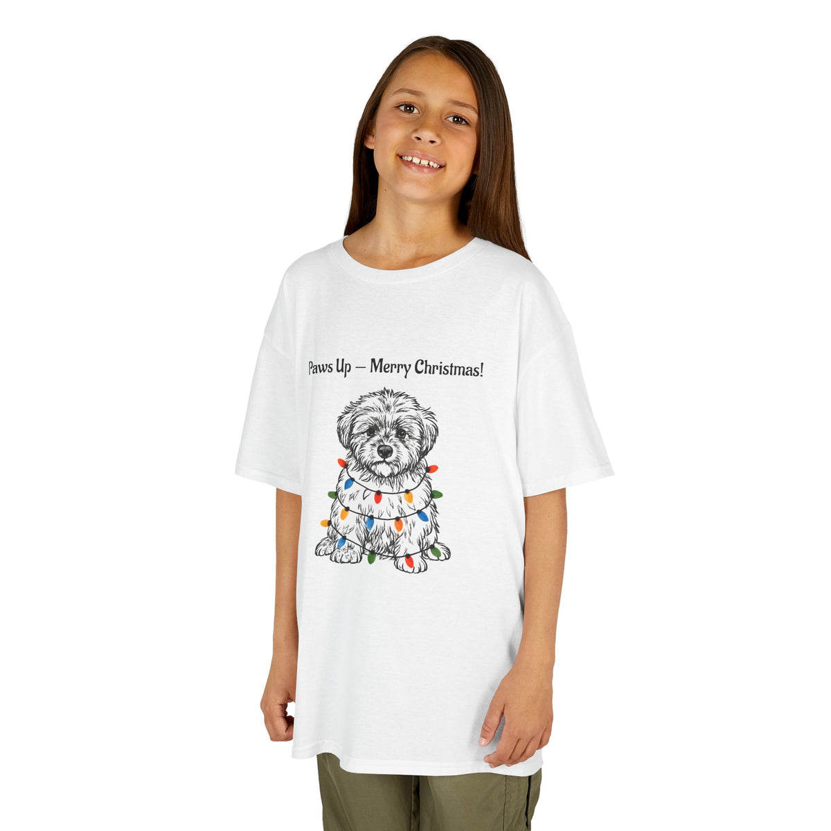White kids Christmas t-shirt with paw-print dog graphic and 'Merry Christmas!' text