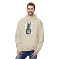 Sand hoodie with front pouch and German shepherd mugshot graphic, hood up.