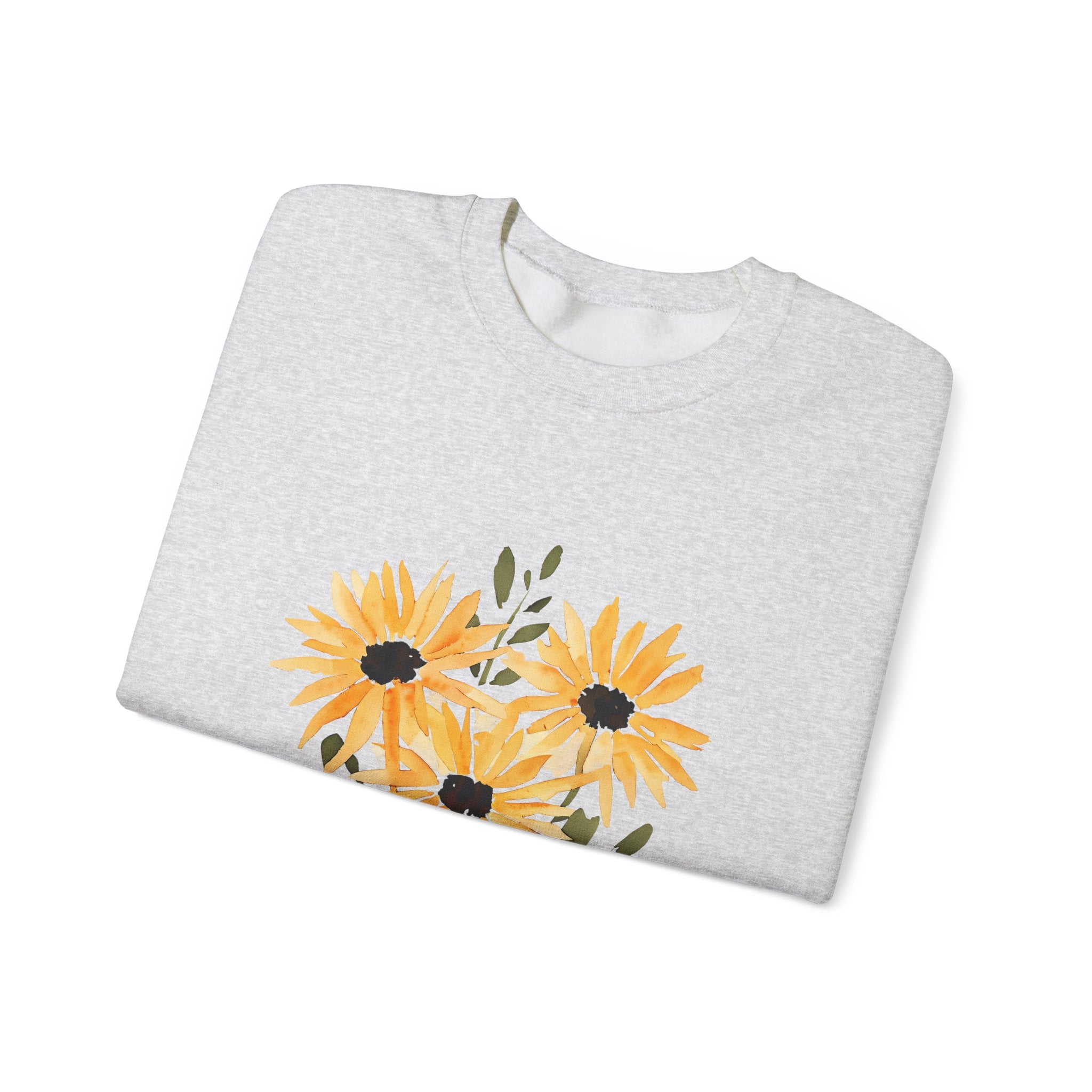 Light grey crewneck sweatshirt with orange sunflower bouquet graphic, folded view